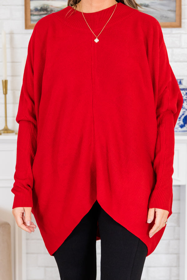 Chic Soul plus size clothing, long-sleeve high-low hem red tunic with a mock-neck