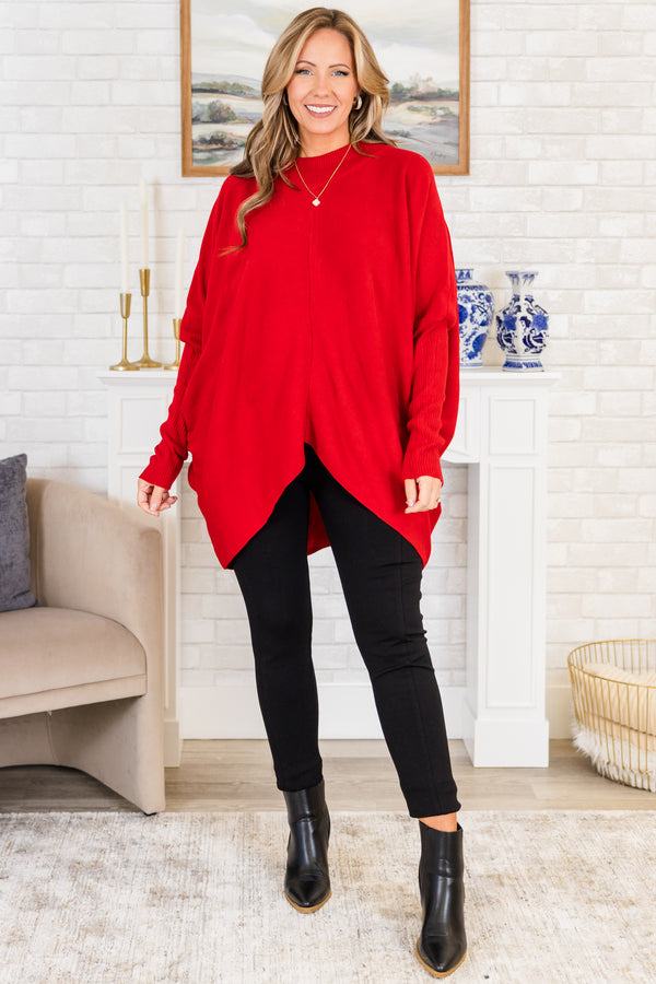 Chic Soul plus size clothing, long-sleeve high-low hem red tunic with a mock-neck