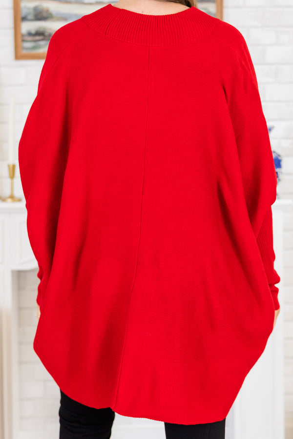 Chic Soul plus size clothing, long-sleeve high-low hem red tunic with a mock-neck