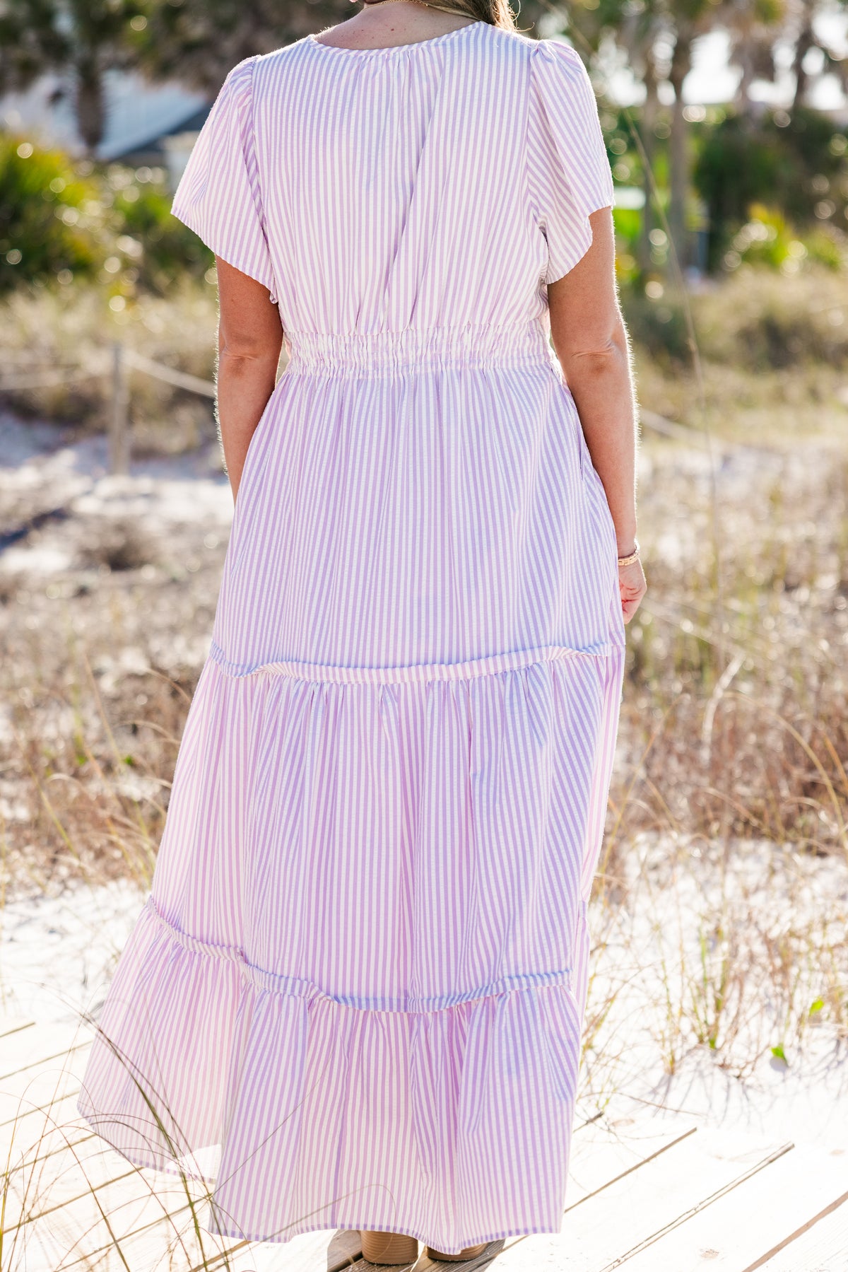 pink and purple striped maxi dress Pink & Purple Striped Mesh Midi Dress