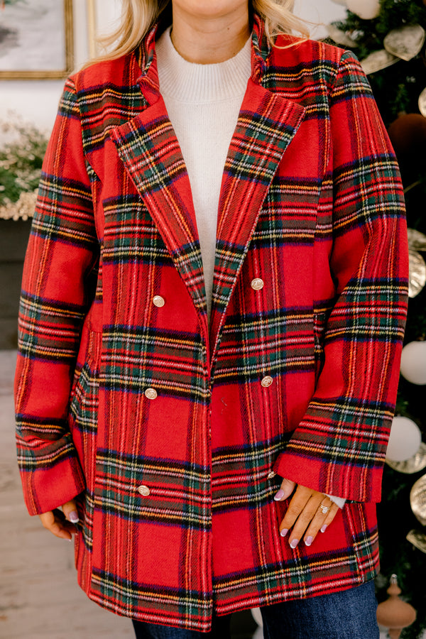 Chic Soul plus size clothing, red and green plaid long sleeve coat with 4 gold buttons down the front of both sides of the coat, side pockets, and a collar