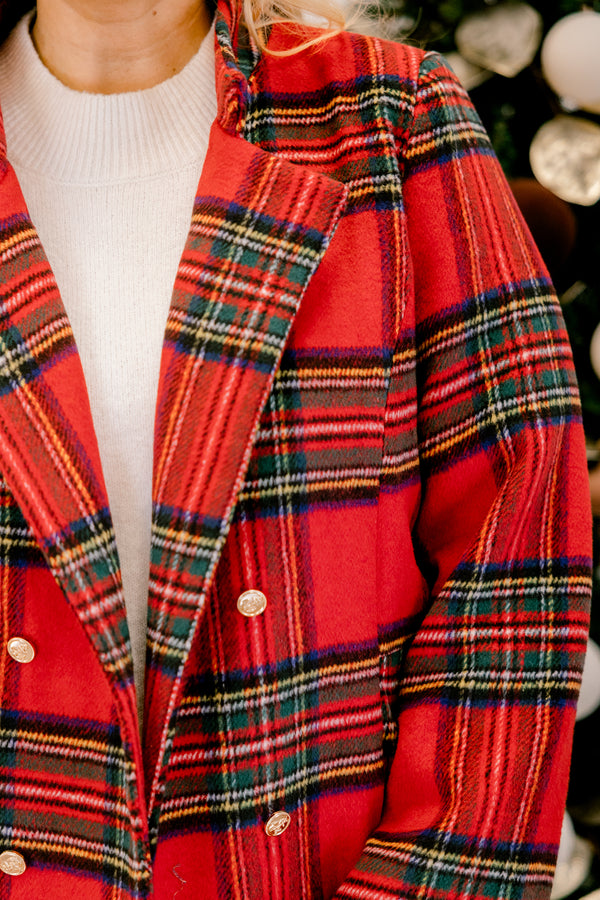 Chic Soul plus size clothing, red and green plaid long sleeve coat with 4 gold buttons down the front of both sides of the coat, side pockets, and a collar