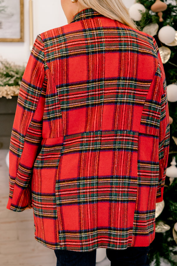 Chic Soul plus size clothing, red and green plaid long sleeve coat with 4 gold buttons down the front of both sides of the coat, side pockets, and a collar