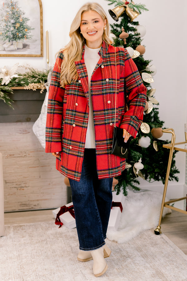 Chic Soul plus size clothing, red and green plaid long sleeve coat with 4 gold buttons down the front of both sides of the coat, side pockets, and a collar