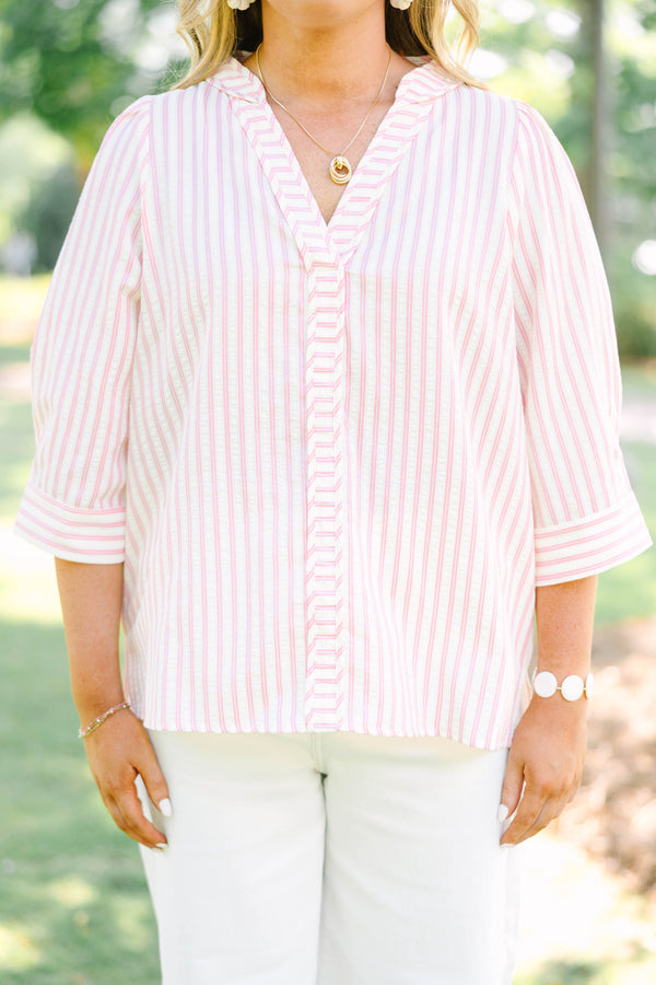 Plus Size pink and white striped 100% cotton top with three-quarter sleeves and a v-neckline.