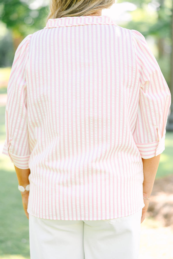 Plus Size pink and white striped 100% cotton top with three-quarter sleeves and a v-neckline.