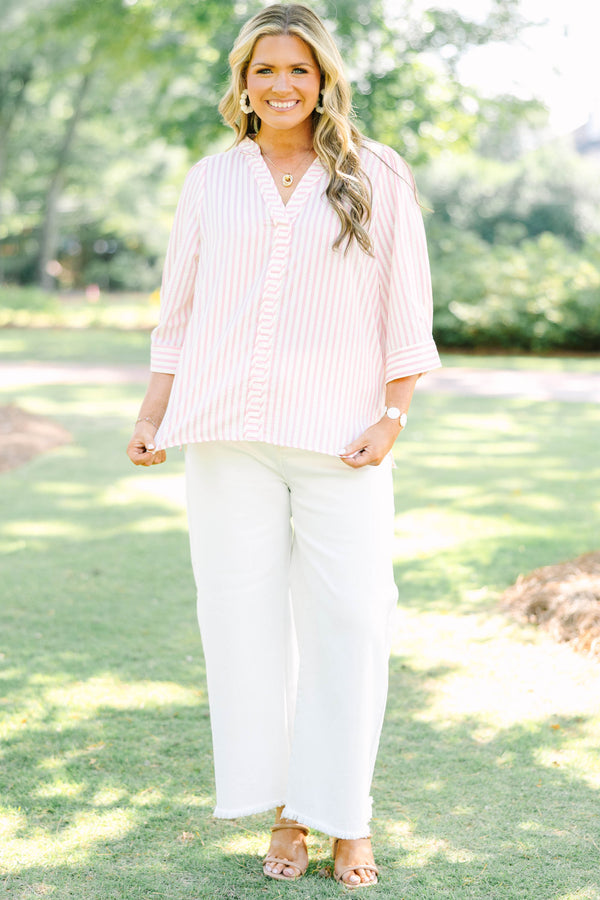 Plus Size pink and white striped 100% cotton top with three-quarter sleeves and a v-neckline.