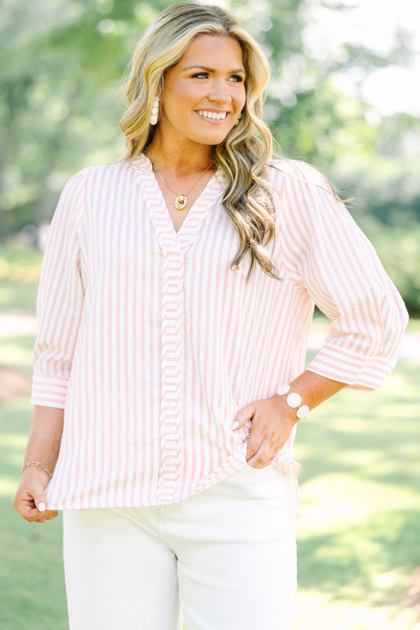 Plus Size pink and white striped 100% cotton top with three-quarter sleeves and a v-neckline.
