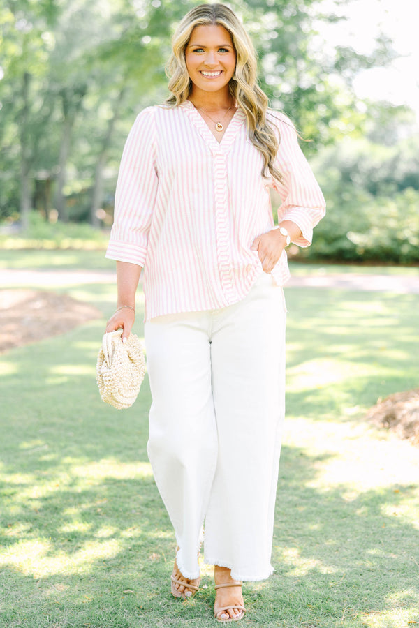 Plus Size pink and white striped 100% cotton top with three-quarter sleeves and a v-neckline.