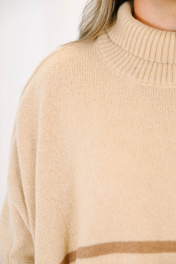 Plus Size taupe oversized turtleneck sweater with horizontal brown stripes and ribbed trim.