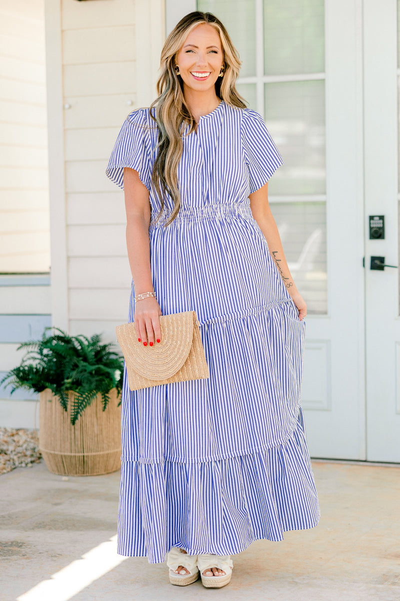 blue and white striped plus size dress Classy Lady Blue Striped Print Dress Large (Sizes 8-10) main image 0