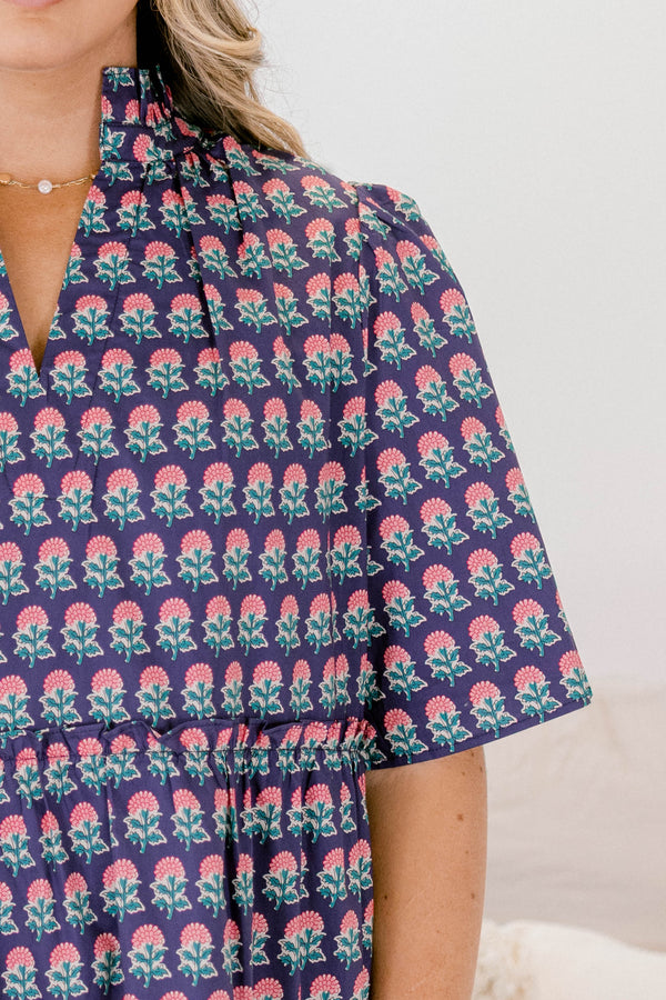 Chic Soul plus size clothing, navy and pink floral block pattered short sleeve knee length tiered baby doll dress with v neckline cutout 