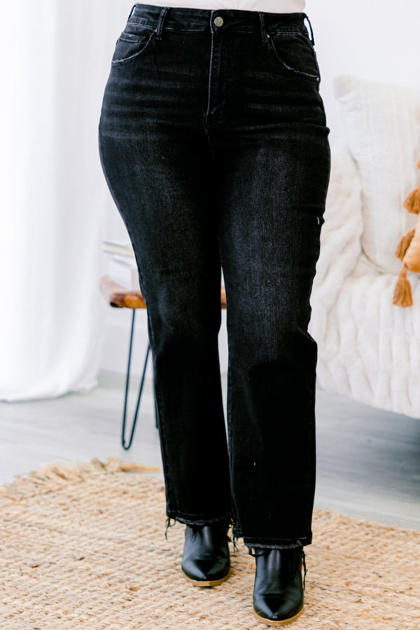 Chic Soul plus size clothing, black straight denim jeans with raw and distressed hem
