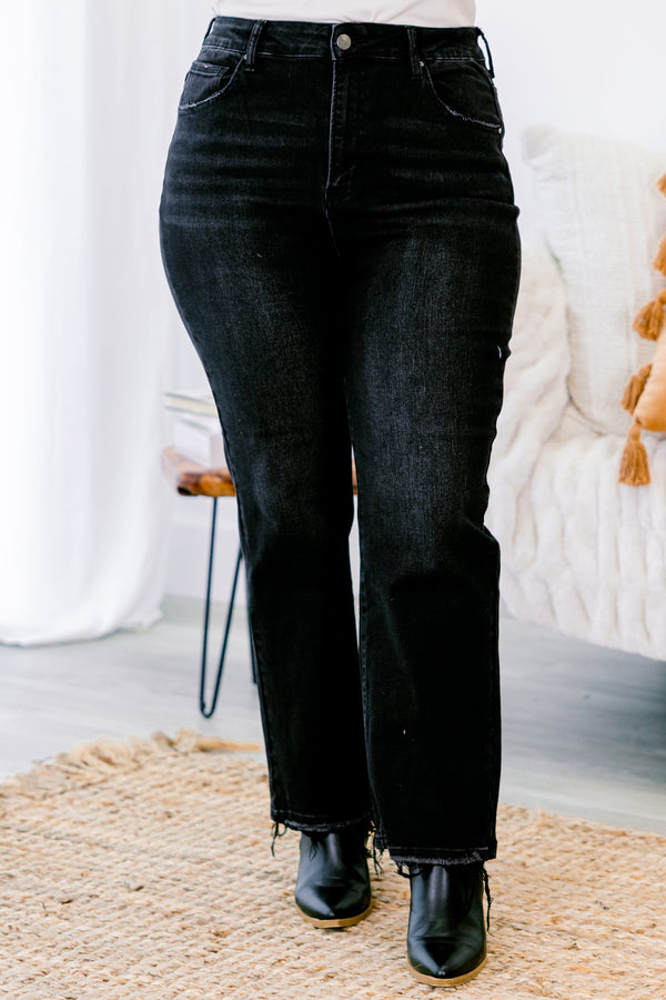 Chic Soul plus size clothing, black straight denim jeans with raw and distressed hem