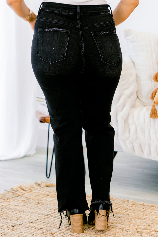 Chic Soul plus size clothing, black straight denim jeans with raw and distressed hem