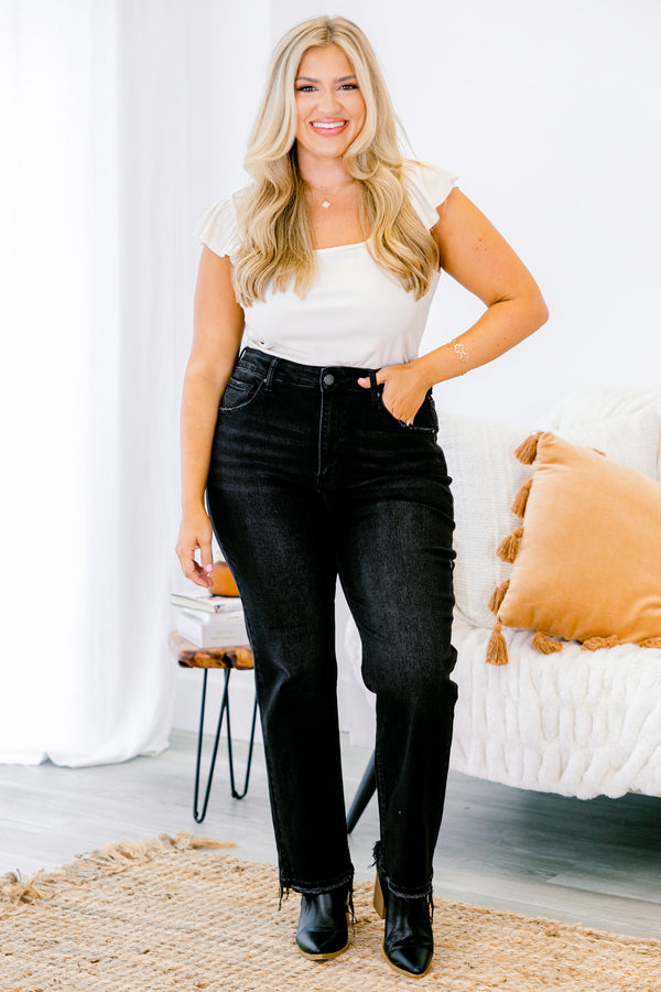 Chic Soul plus size clothing, black straight denim jeans with raw and distressed hem