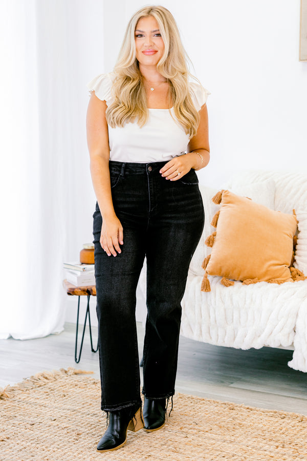 Chic Soul plus size clothing, black straight denim jeans with raw and distressed hem