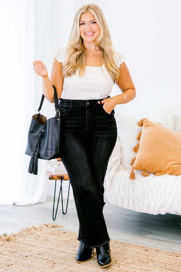 Chic Soul plus size clothing, black straight denim jeans with raw and distressed hem