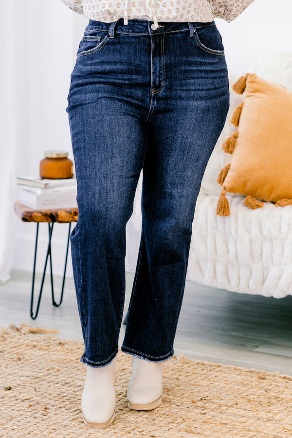 Chic Soul plus size clothing, dark washed straight leg jeans with small fringe details at the bottom of each pant leg 
