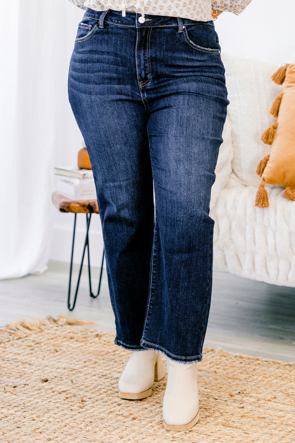 Chic Soul plus size clothing, dark washed straight leg jeans with small fringe details at the bottom of each pant leg 