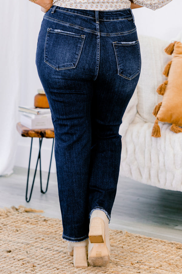 Chic Soul plus size clothing, dark washed straight leg jeans with small fringe details at the bottom of each pant leg 