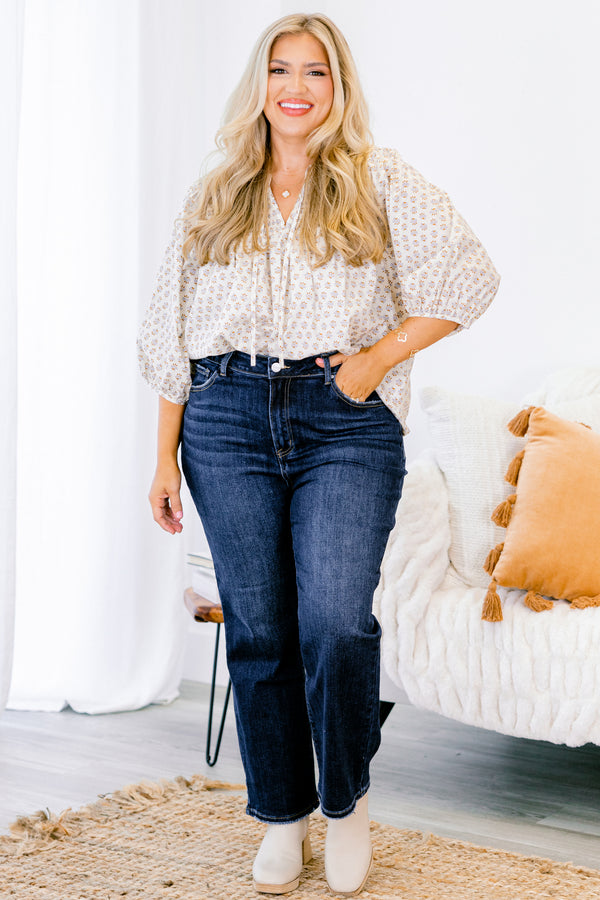 Chic Soul plus size clothing, dark washed straight leg jeans with small fringe details at the bottom of each pant leg 