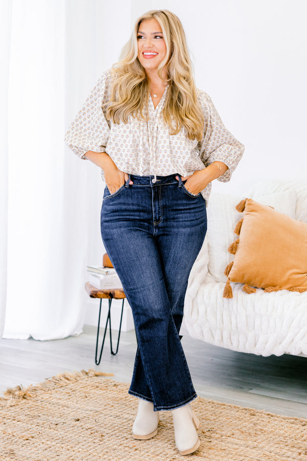 Chic Soul plus size clothing, dark washed straight leg jeans with small fringe details at the bottom of each pant leg 