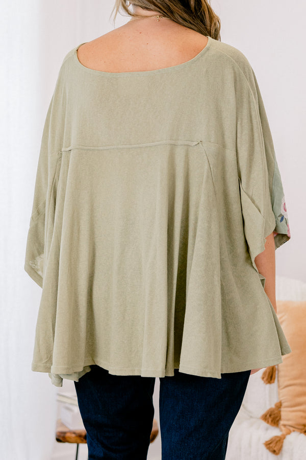 Chic Soul plus size clothing, sage top with long sleeves and an embroidered floral pattern across the chest and onto the sleeves 