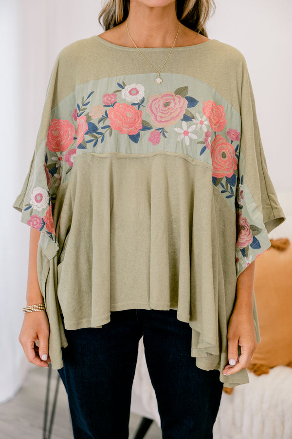 Chic Soul plus size clothing, sage top with long sleeves and an embroidered floral pattern across the chest and onto the sleeves 
