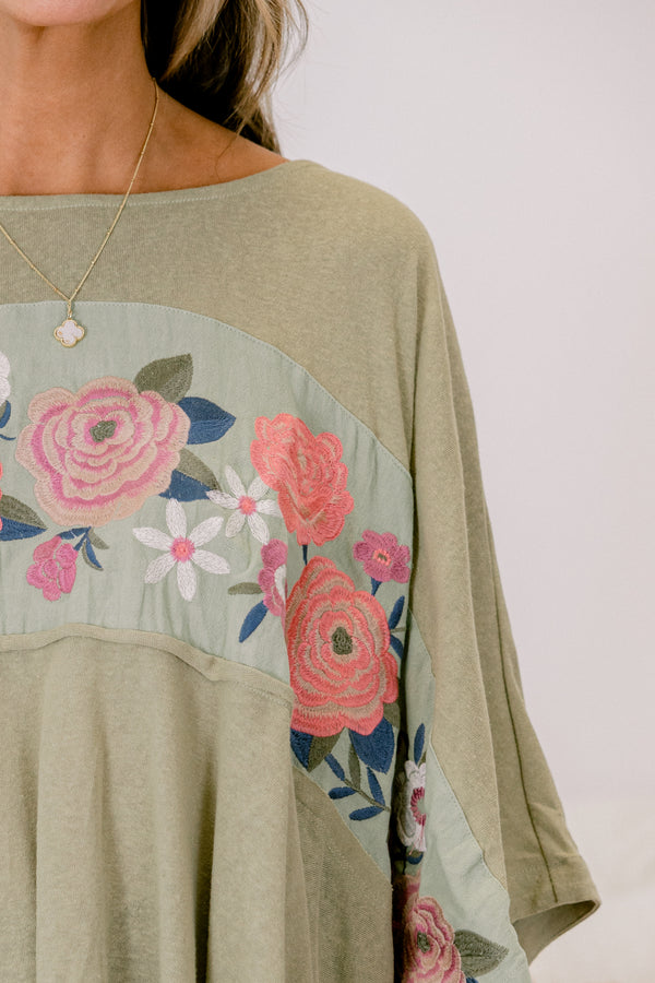 Chic Soul plus size clothing, sage top with long sleeves and an embroidered floral pattern across the chest and onto the sleeves 
