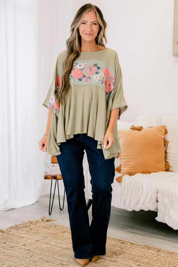 Chic Soul plus size clothing, sage top with long sleeves and an embroidered floral pattern across the chest and onto the sleeves 