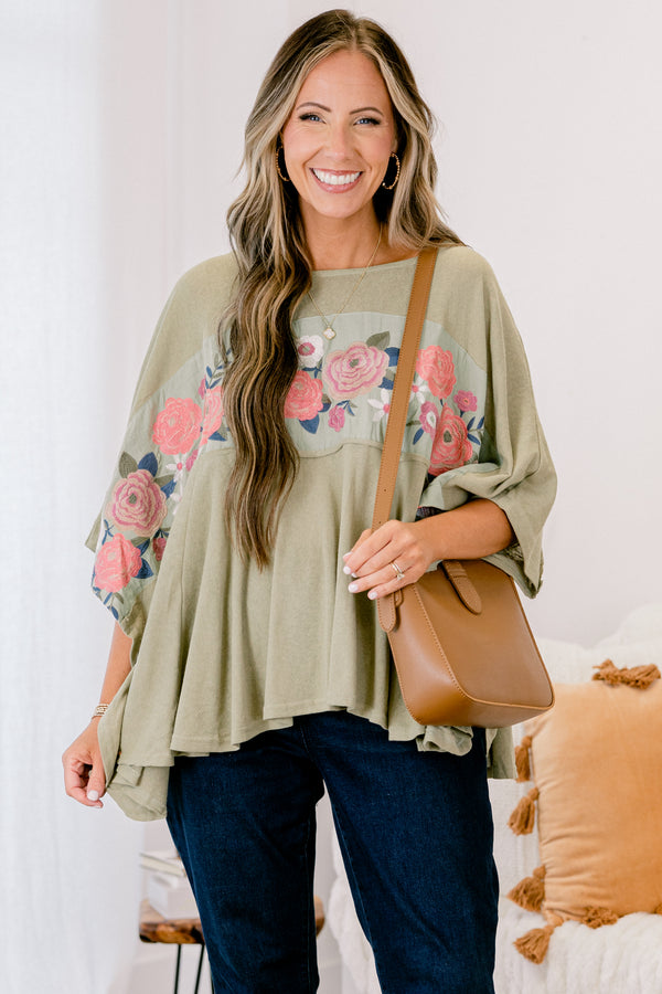 Chic Soul plus size clothing, sage top with long sleeves and an embroidered floral pattern across the chest and onto the sleeves 