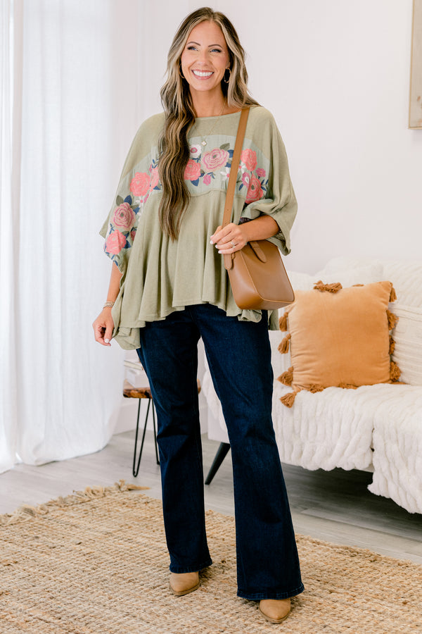 Chic Soul plus size clothing, sage top with long sleeves and an embroidered floral pattern across the chest and onto the sleeves 
