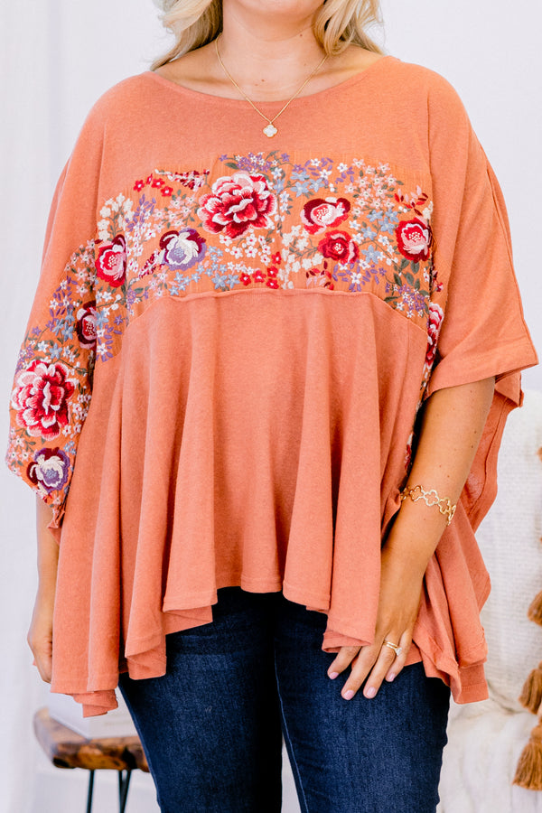 Chic Soul plus size clothing, terracotta short sleeve top with an embroidered floral pattern going across the chest and onto the sleeves