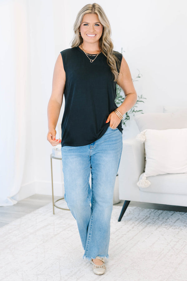 Plus Size black crew neck tank top with a clean silhouette and sleeveless design.