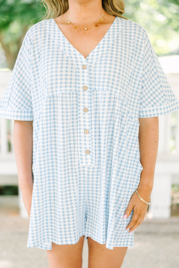 Throw On And Go Romper, Blue Gingham