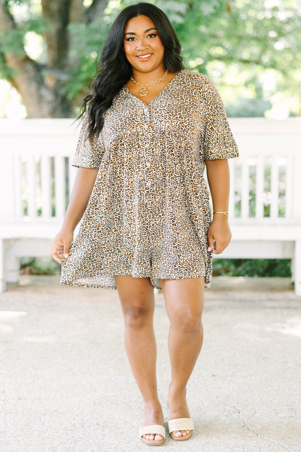 Plus Size brown leopard print romper with short sleeves, a V-neckline, and front button details.