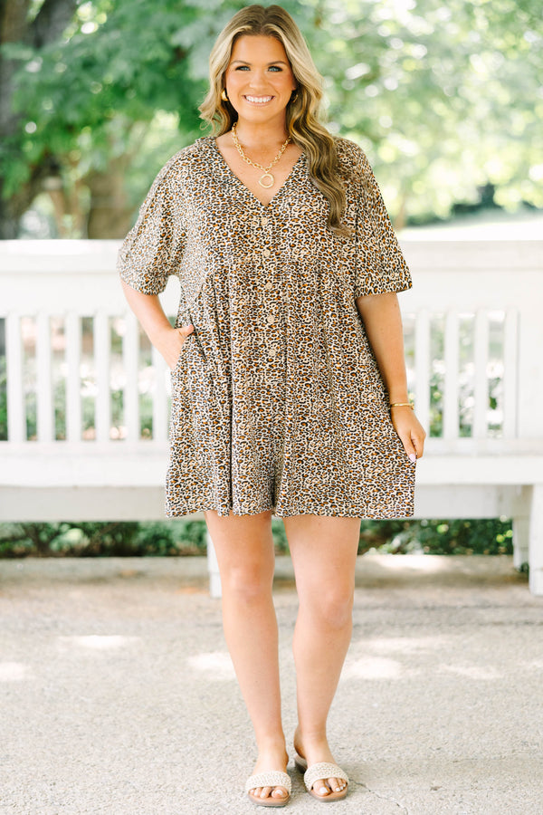 Plus Size brown leopard print romper with short sleeves, a V-neckline, and front button details.