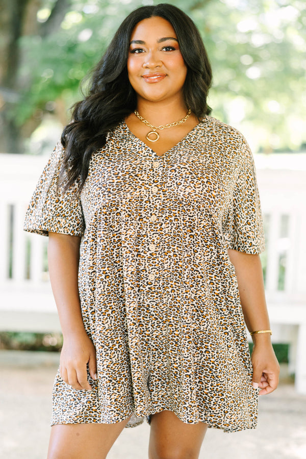 Plus Size brown leopard print romper with short sleeves, a V-neckline, and front button details.