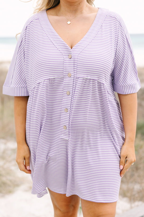 Chic Soul plus size clothing, purple and white horizontal pin stripe button up v neck shorts romper

