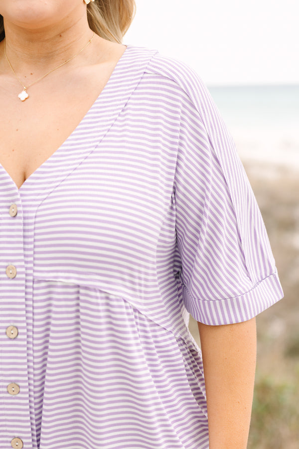 Chic Soul plus size clothing, purple and white horizontal pin stripe button up v neck shorts romper
