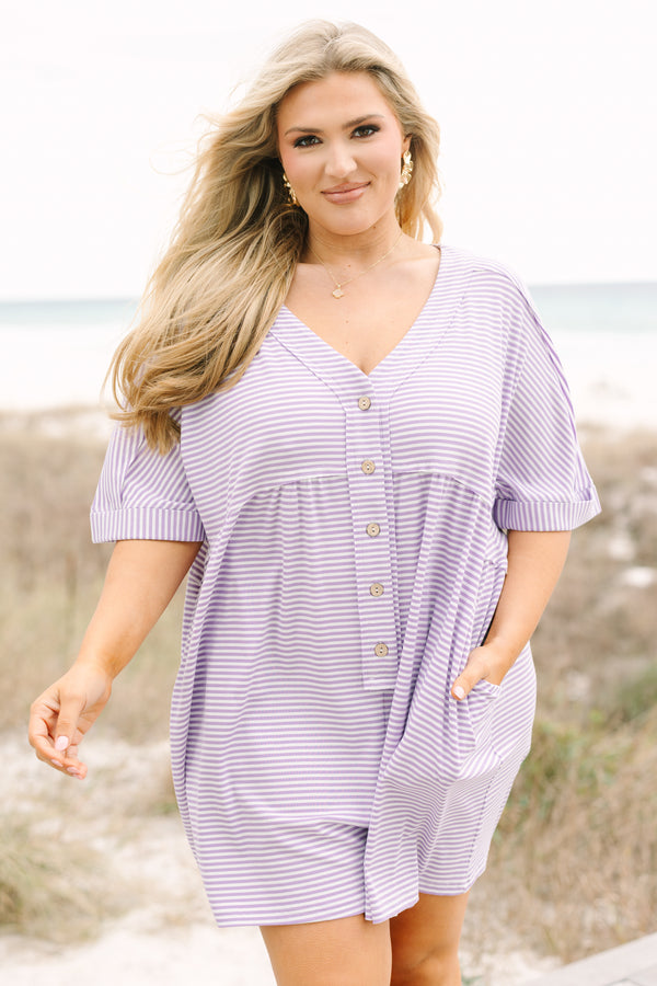 Chic Soul plus size clothing, purple and white horizontal pin stripe button up v neck shorts romper
