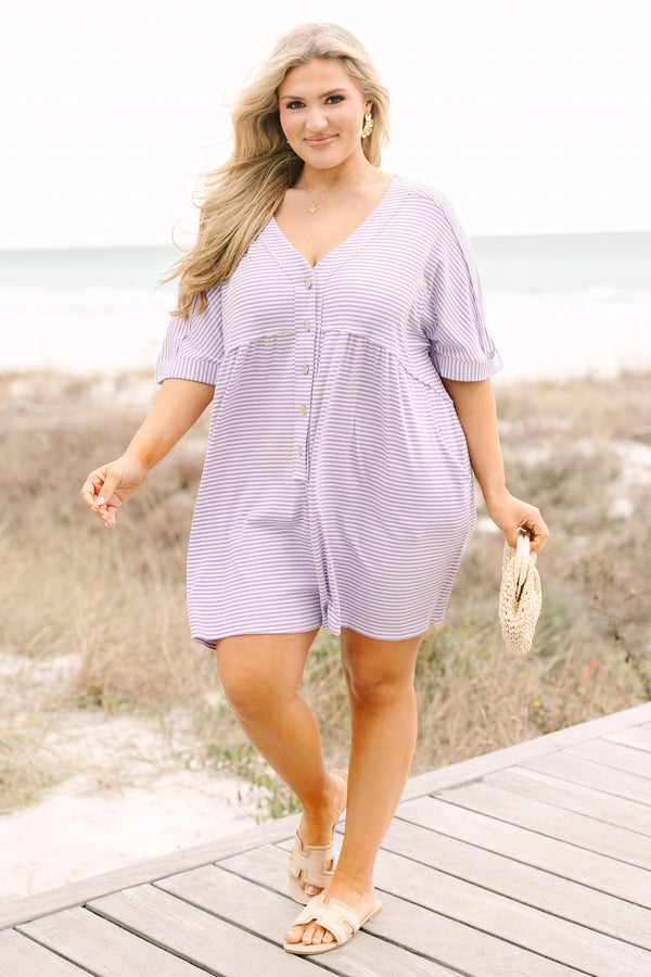 Chic Soul plus size clothing, purple and white horizontal pin stripe button up v neck shorts romper

