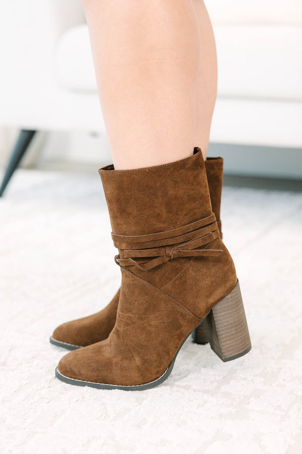 Plus Size chocolate brown faux suede ankle booties with a stacked block heel and wrap-around tie.