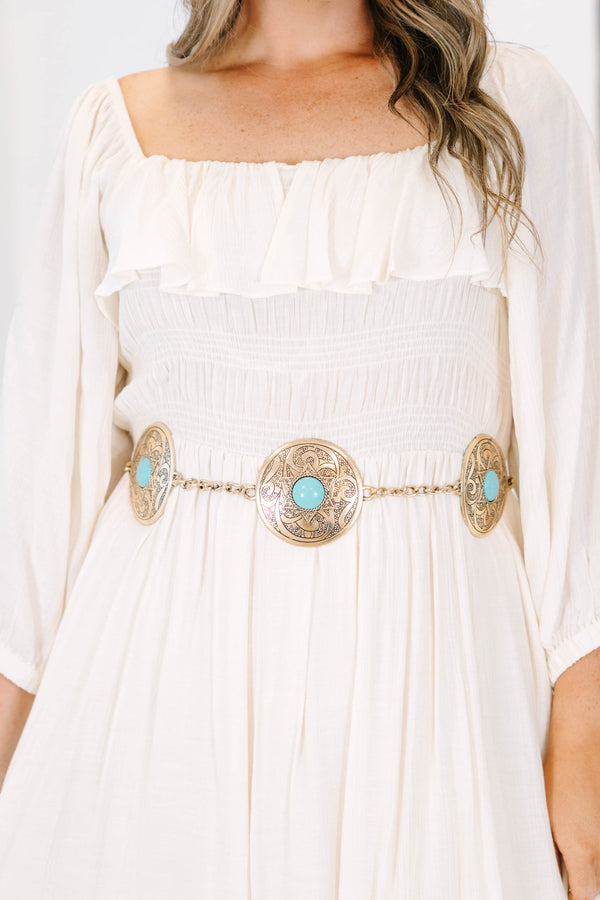 Plus size western-style chain belt with ornate silver conchos and turquoise stone centers.