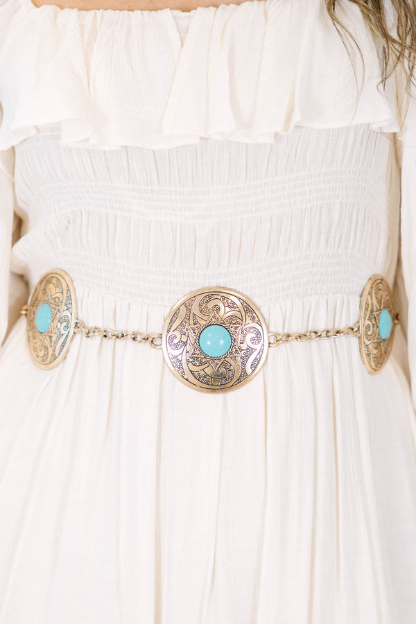 Plus size western-style chain belt with ornate silver conchos and turquoise stone centers.