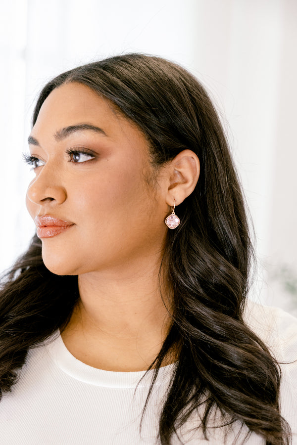 Chic Soul plus size clothing, pink gemstone drop down earrings
