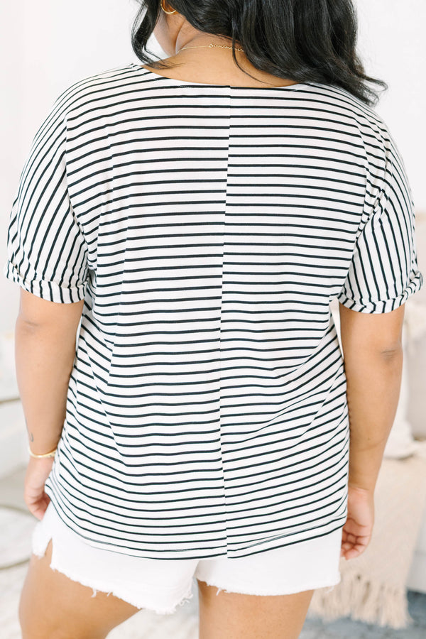 Plus Size black and white horizontal striped short sleeve top with a crew neckline and cuffed arms.