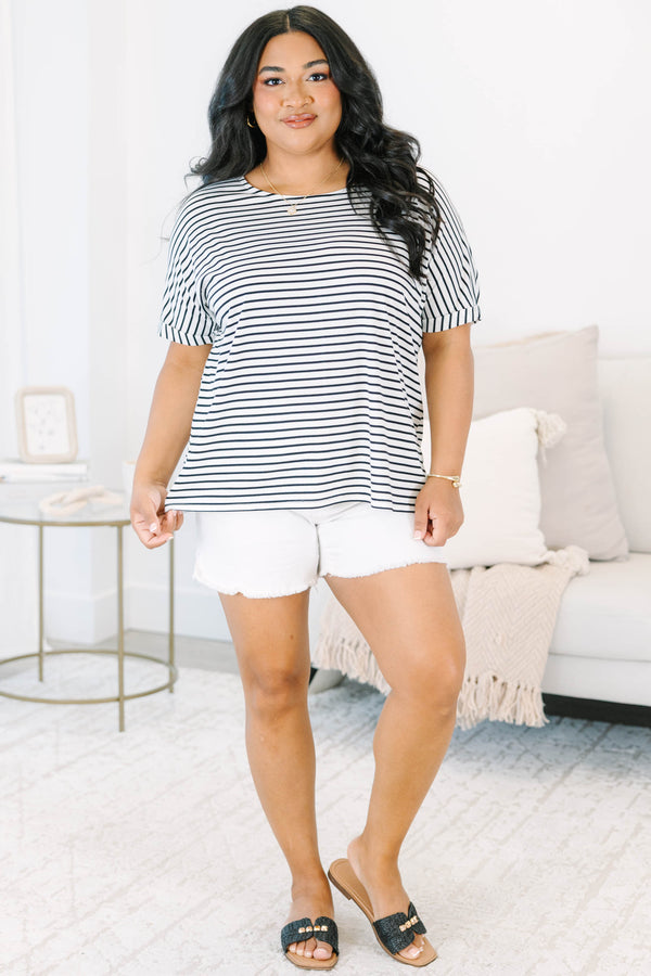 Plus Size black and white horizontal striped short sleeve top with a crew neckline and cuffed arms.
