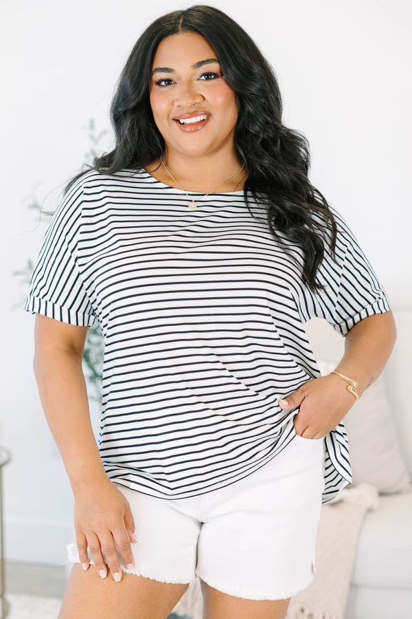 Plus Size black and white horizontal striped short sleeve top with a crew neckline and cuffed arms.